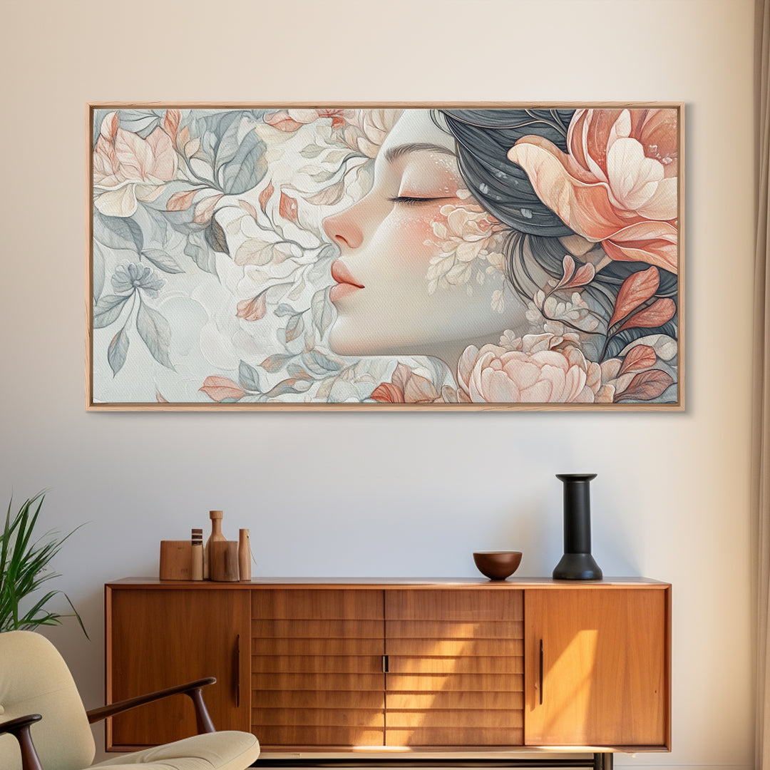 Dreamy Floral Goddess Framed Canvas Print with Light Pink Wall Art and Rose Painting Stunning Bedroom or Living Room Accent