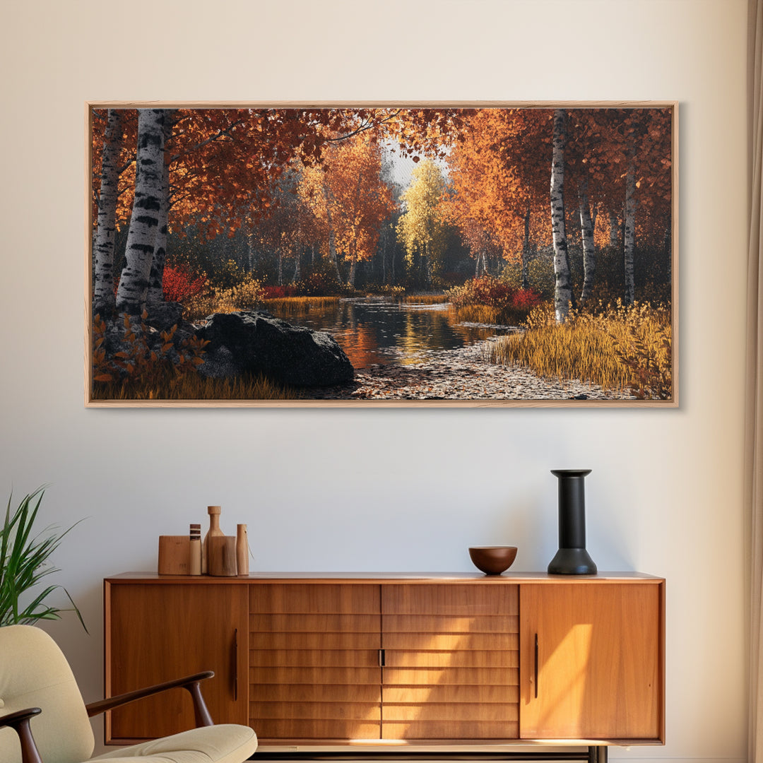Autumn Birch Tranquility Framed Canvas Print with Birch Tree Painting and Fall Wall Art Rustic Art for Living Room Wall Decor