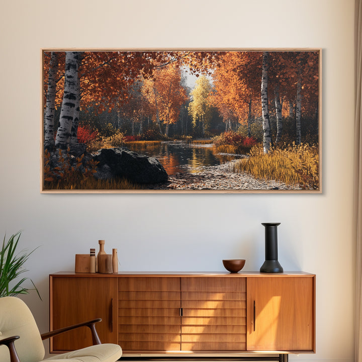 Autumn Birch Tranquility Framed Canvas Print with Birch Tree Painting and Fall Wall Art Rustic Art for Living Room Wall Decor