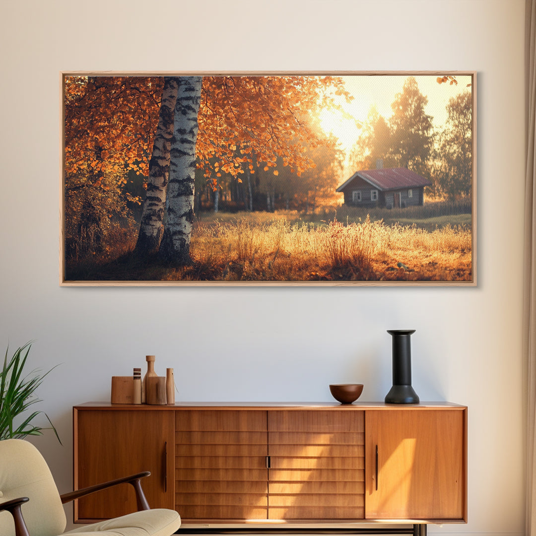 Cozy Autumn Cabin Framed Canvas Print with Fall Landscape Painting and Farmhouse Art Above Couch Art Living Room Rustic Decor