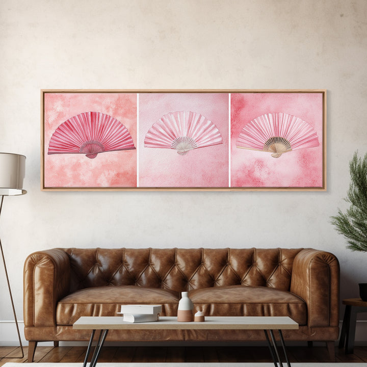 Trio of Elegant Fans Canvas Print, Minimalist Boho Pink Artwork, Oriental Fan Wall Art for Bedroom, Light Pastel Wall Decor Idea
