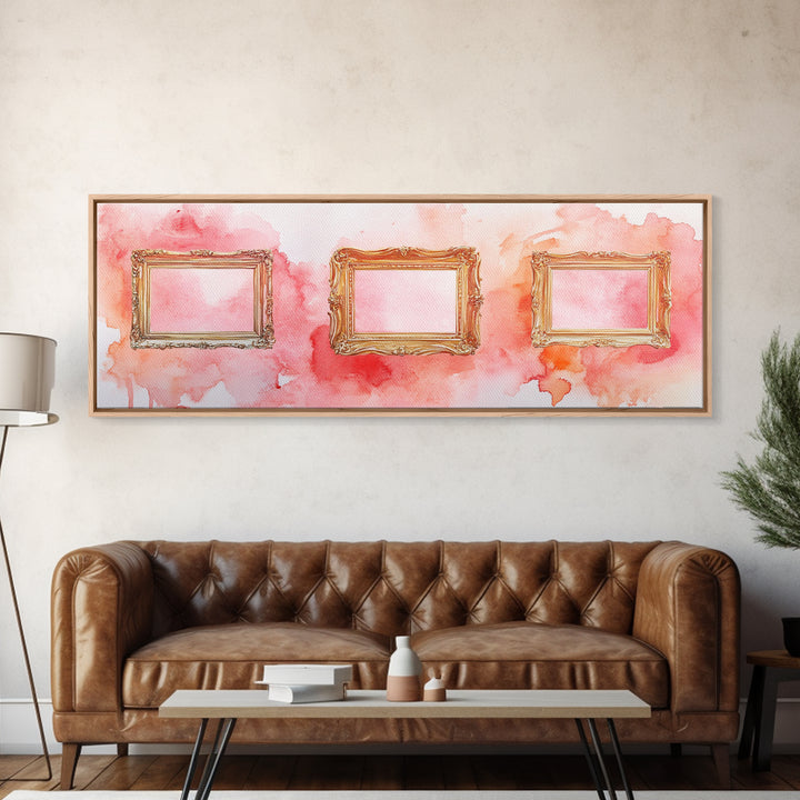 Decorative Frames Painting Canvas Print with Elegant Pink Abstract Background, Long Narrow Wall Art Perfect for Living Room Decor