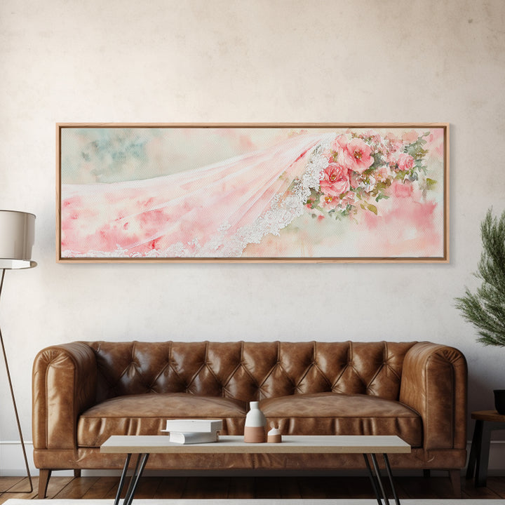 Romantic Rose Painting Canvas Print Featuring Bridal Lace, Botanical Prints Ideal Bedroom Art or Wedding Gift Idea