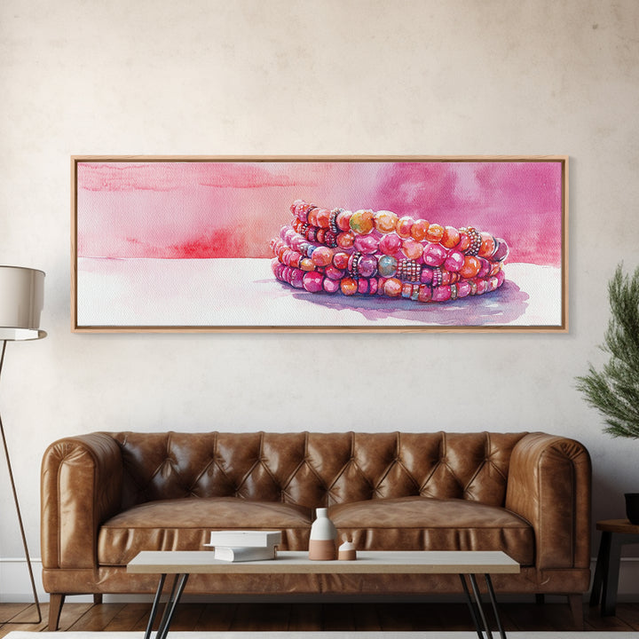 Beaded Bracelet Painting Canvas Print Featuring Whimsical Jewelry, Pink Orange Wall Art Ideal Bedroom or Dressing Room Art