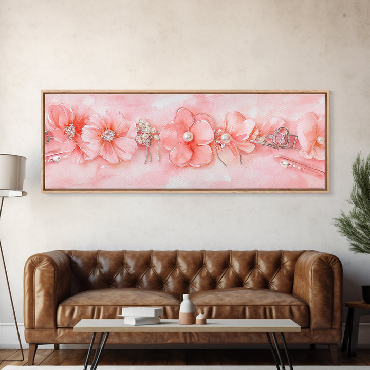 Cherry Blossom Canvas Print with Delicate Pearl Accents, Romantic Light Pink Wall Art for Bedroom or Coastal Wedding Decor