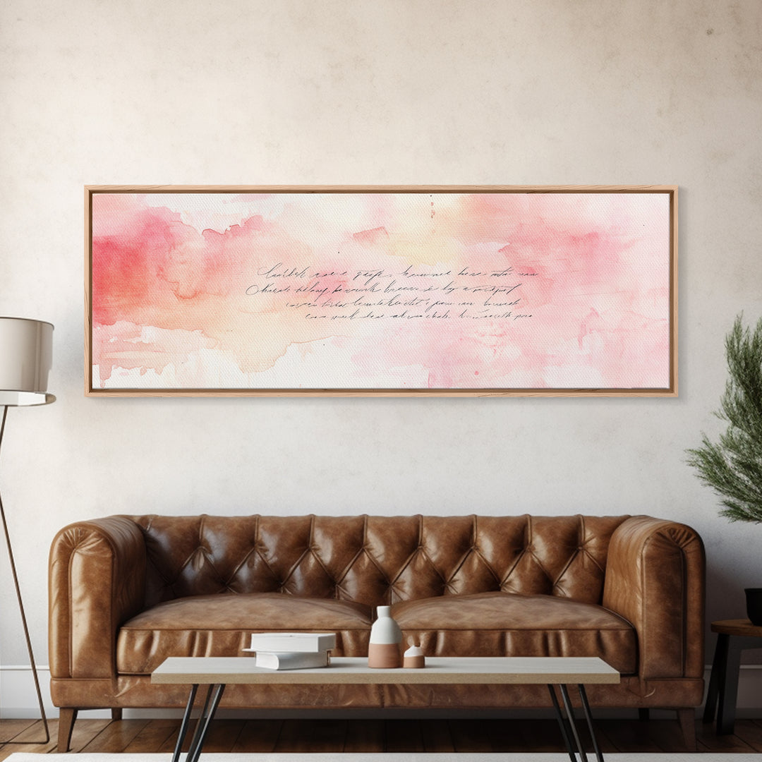 Romantic Calligraphy Canvas Print with Pink Abstract Art, Minimalist Wabi Sabi Aesthetic, Bedroom or Living Room Horizontal Wall Art