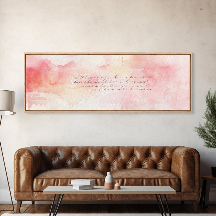 Romantic Calligraphy Canvas Print with Pink Abstract Art, Minimalist Wabi Sabi Aesthetic, Bedroom or Living Room Horizontal Wall Art