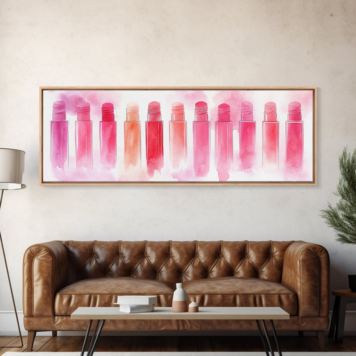 Pink Abstract Art Framed Canvas Print Featuring Lip Gloss Collection, Feminine Living Room Artwork, Boho Dorm Decor Gift Idea