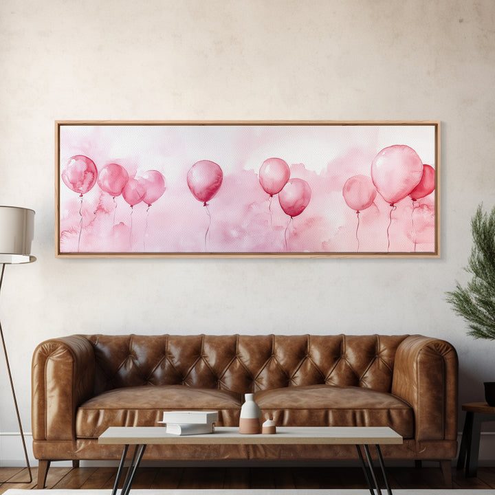 Balloon Painting Framed Canvas Print in Pastel Pink Hues, Whimsical Horizontal Artwork, Light Pink Wall Art for Living Room Decor