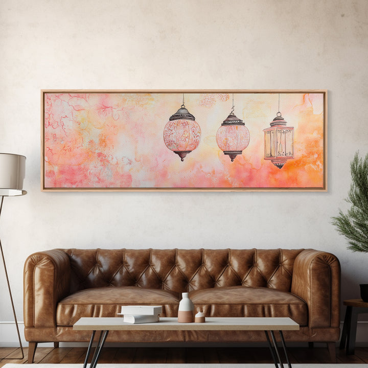 Moroccan Lanterns Canvas Print Pink Orange Wall Art Boho Decor Rustic Living Room Artwork Horizontal Farmhouse Style Gift Idea