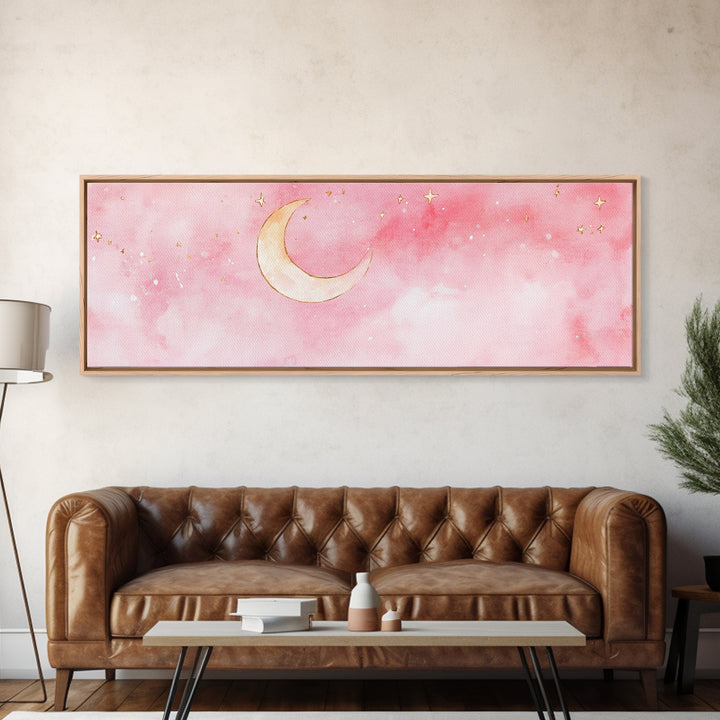 Crescent Moon Canvas Print Light Pink Wall Art Whimsical Night Sky Decor Bedroom Artwork Minimalist Boho Dreamy Gift Idea