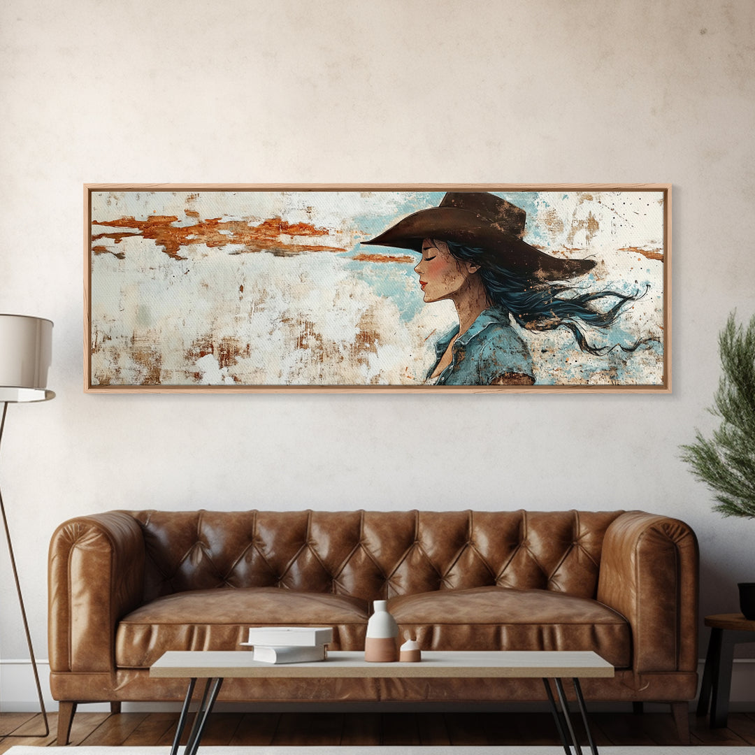 Blue Cowgirl Canvas Print Rustic Western Painting Farmhouse Art Wabi Sabi Artwork Guest Room Decor Extra Wide Wall Art