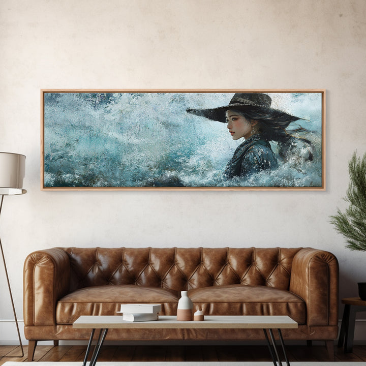 Ocean Cowgirl Canvas Print Coastal Landscape Art Rustic Boho Wall Art Nautical Decor Panoramic Artwork Bedroom Guest Room Decor