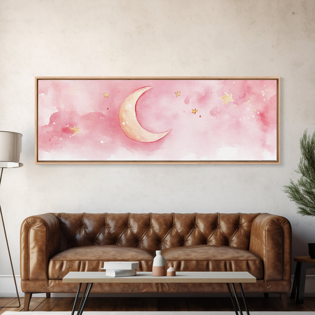 Crescent Moon with Stars Painting, Canvas Print, Light Pink Whimsical Wall Art, Nursery Aesthetic Artwork, Minimalist Cozy Decor