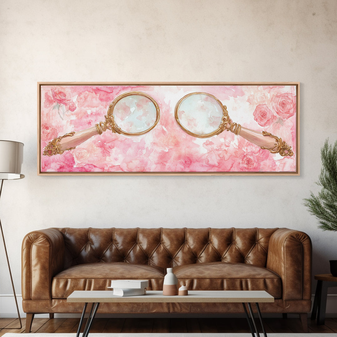 Antique Magnifying Glass Canvas Print, Rose Painting with Vintage Romantic Vibes, Rustic Farmhouse Wall Art, Guest Room Decor