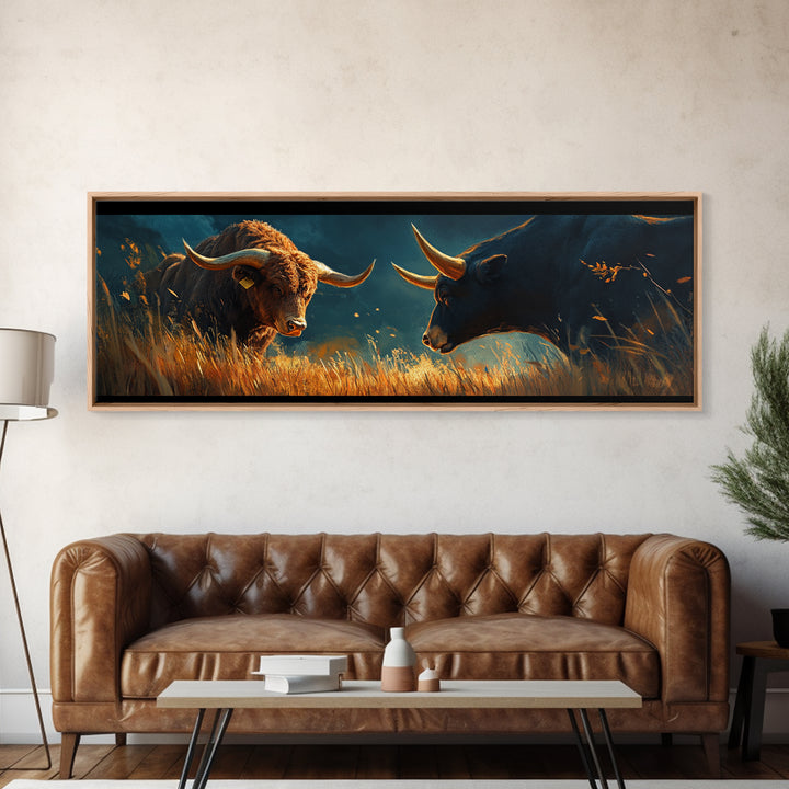Rustic Bull Showdown Canvas Print - Dramatic Autumn Landscape Art, Industrial Wall Decor, Moody Living Room Accent, Gift Idea For Him