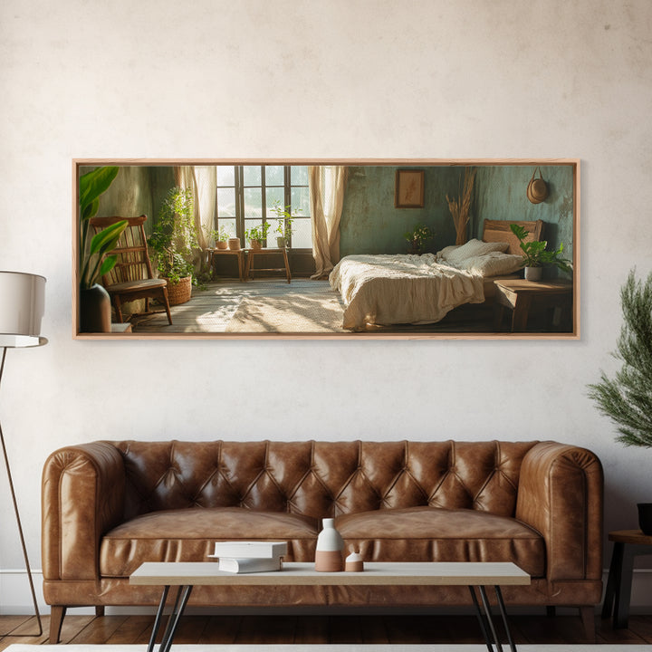 Minimalist Bedroom Serenity Framed Canvas Print, Wabi Sabi Botanical Art, Rustic Farmhouse Bedroom Decor, Light Filled Sage Green Artwork