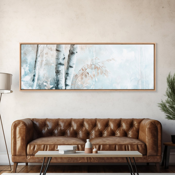 Birch Tree Art Framed Canvas Print, Neutral Landscape Painting Autumn Decor, Rustic Minimalist Wall Art Gift Idea Above Bed Design