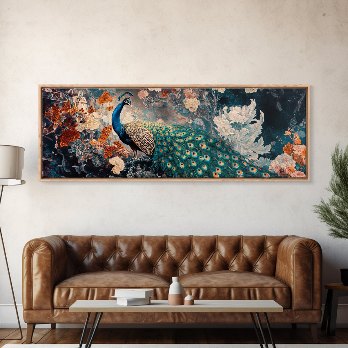 Vibrant Peacock Framed Canvas Print Mosaic Wall Art Boho Style Rustic Decor Above Sofa Art Living Room Statement Piece