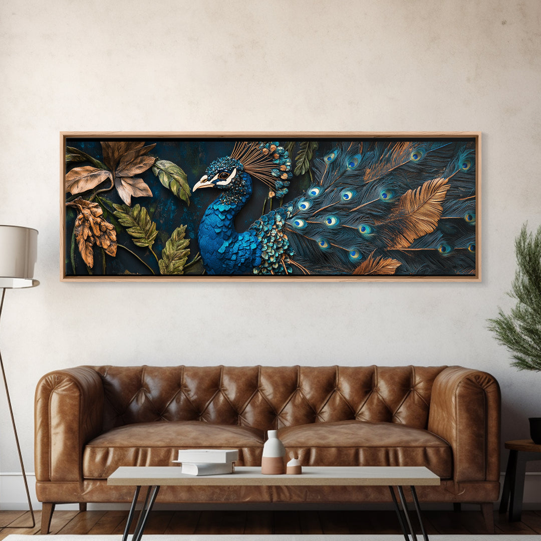Blue Peacock Framed Canvas Print Chinoiserie Style Mosaic Wall Art Boho Rustic Decor Living Room Feature Art Print