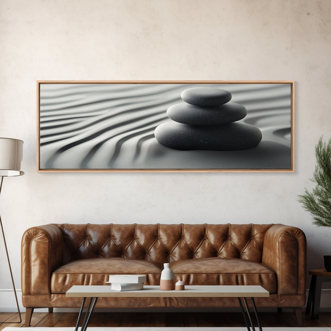 Coastal Harmony Framed Canvas Print Tranquil Pebbles Zen Reflection Nautical Decor Above Couch Living Room Wall Art