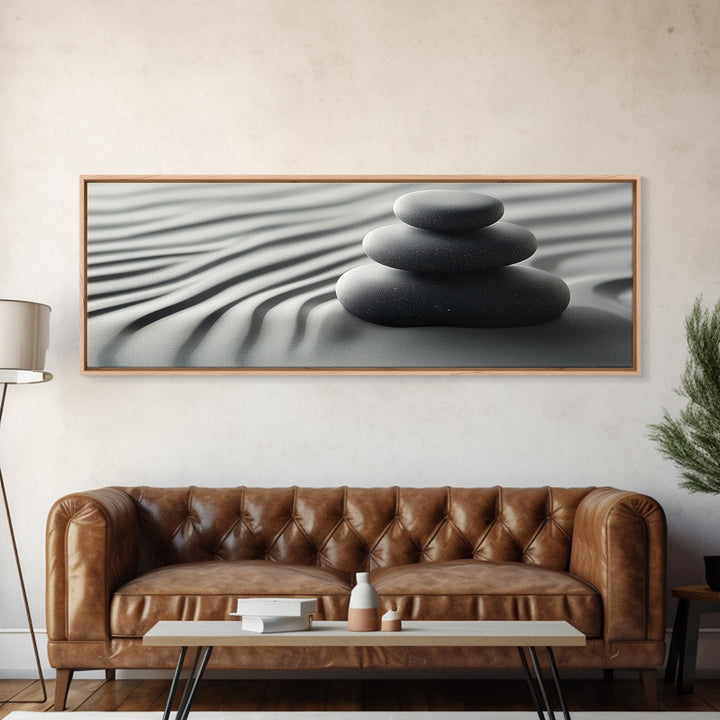 Coastal Harmony Framed Canvas Print Tranquil Pebbles Zen Reflection Nautical Decor Above Couch Living Room Wall Art