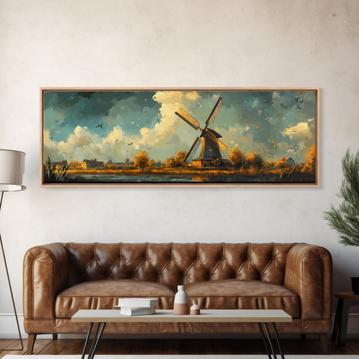 Autumn Windmill Scene Framed Canvas Print - Rustic Fall Farmhouse Art, Moody Living Room Wall Art, Horizontal Panoramic Decor Gift Idea