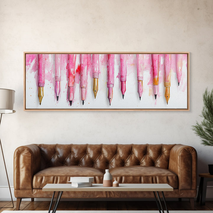 Abstract Pink Pens Framed Canvas Print - Whimsical Art, Light Pink Dorm Wall Decor, Vertical Art Gift Idea, Unique Living Room Canvas Print