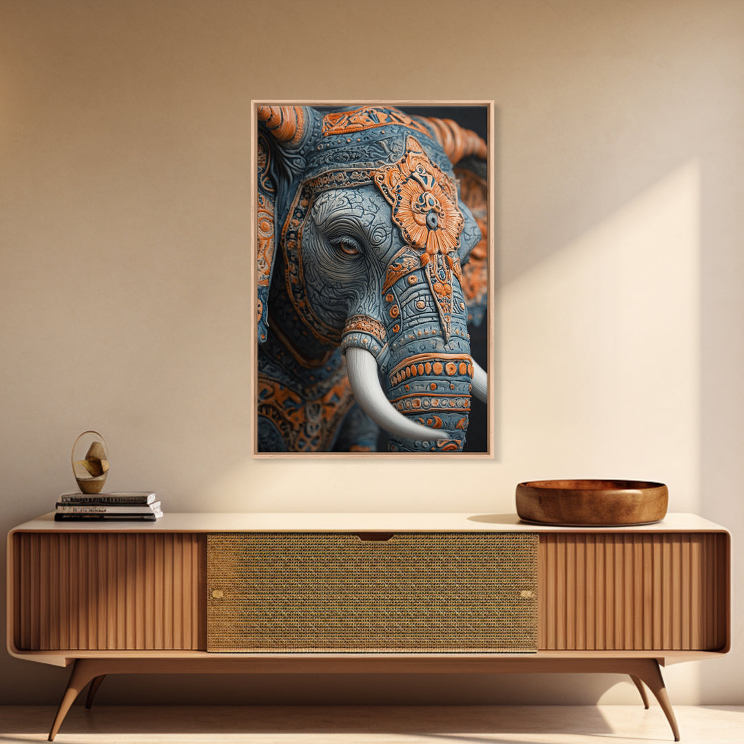 Detailed Elephant Face Framed Canvas Print – Kerala Mural Art, Sacred Geometry Decor, Ganesh Wall Art Rustic Boho Inspired Room Decor