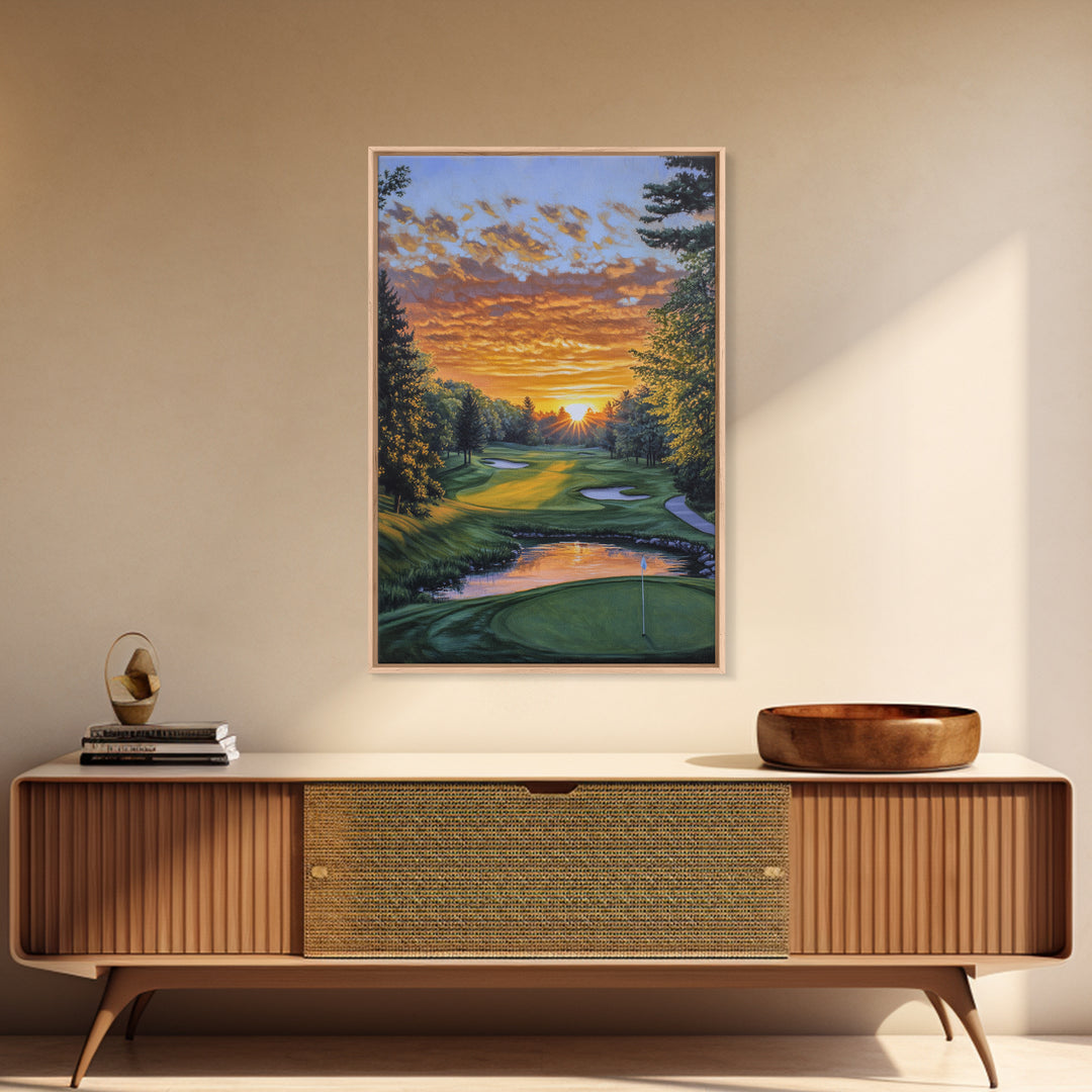 Scenic Golf Sunset Framed Canvas Print, Landscape Painting, Bedroom Wall Art, Rustic Decor, Horizontal Living Room Art