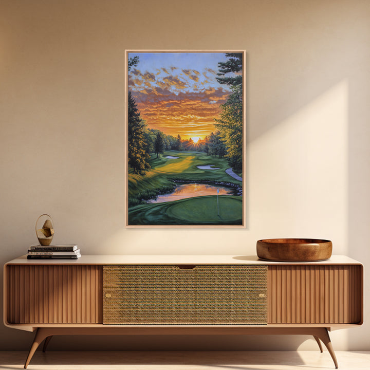 Scenic Golf Sunset Framed Canvas Print, Landscape Painting, Bedroom Wall Art, Rustic Decor, Horizontal Living Room Art