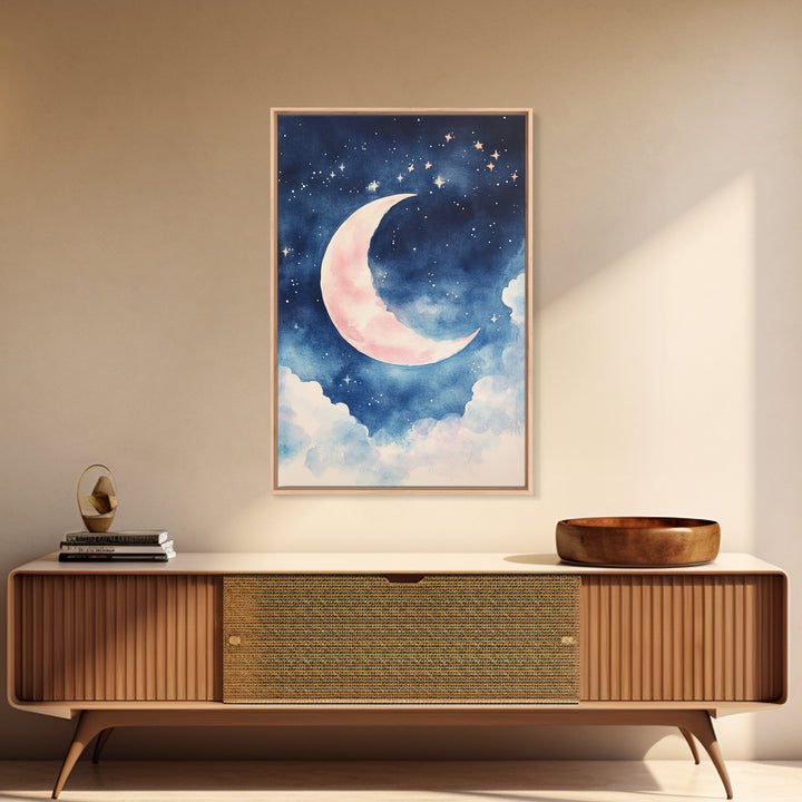 Crescent Moon Painting Canvas Print Bedroom Art Moody Night Sky Painting Above Bed Wall Art Whimsical Art Gift Idea Light Decor