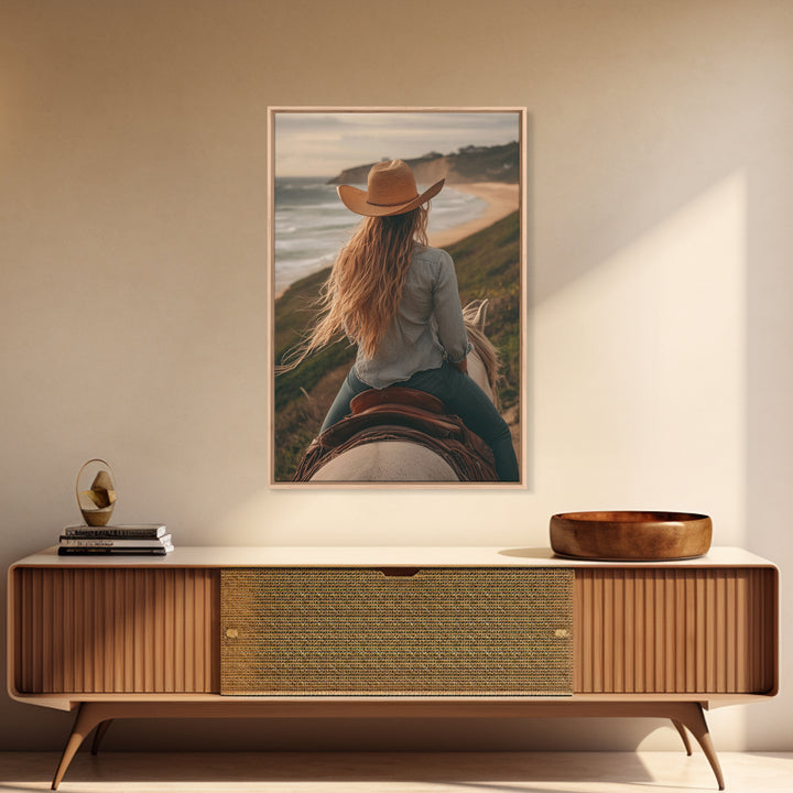 Coastal Cowgirl Riding Canvas Print Horse and Ocean Landscape Art Rustic Decor Western Inspired Framed Art Bedroom Living Room Gift