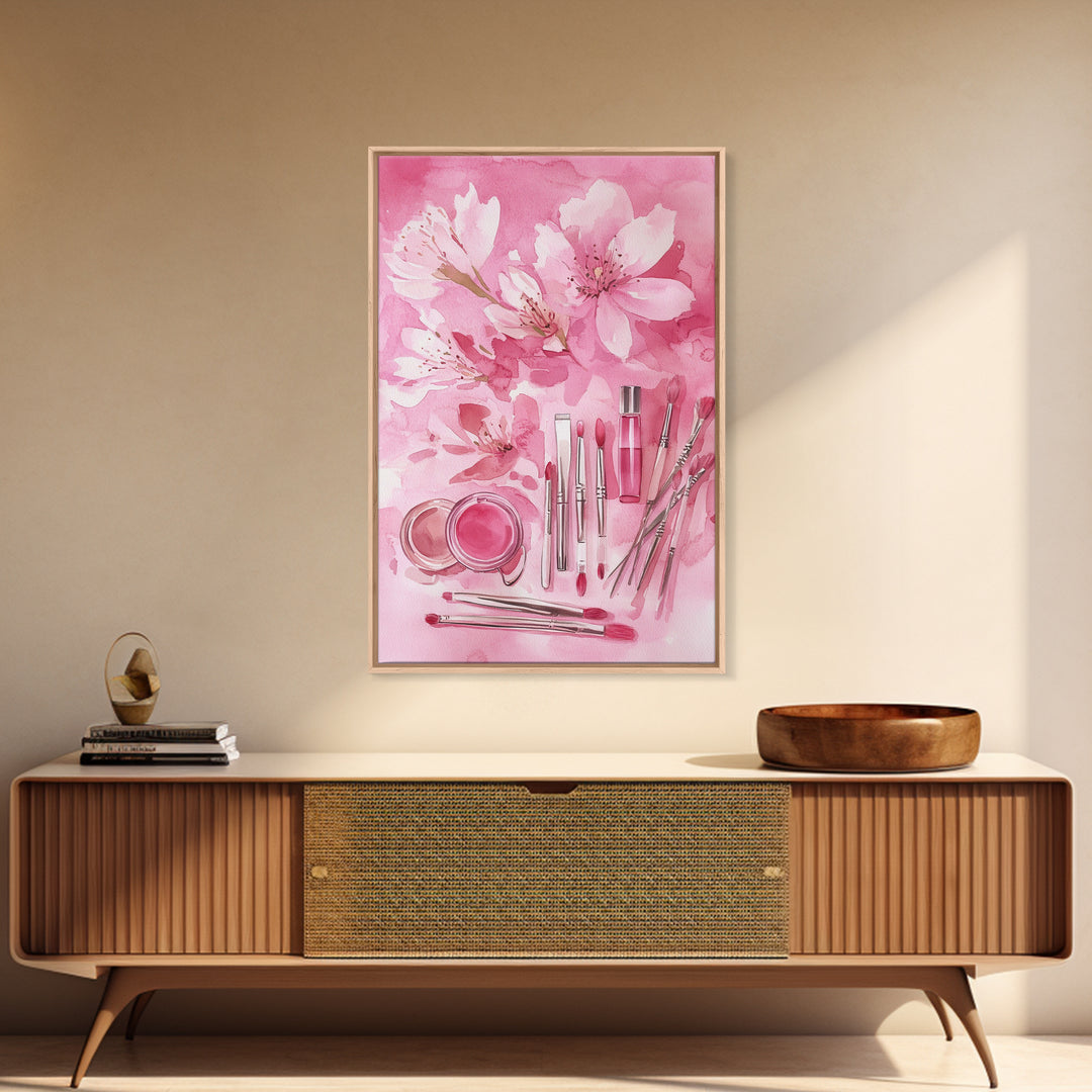 Cherry Blossom Canvas Print Featuring Makeup and Brush Theme Perfect Whimsical and Light Pink Wall Art Bedroom or Bathroom Decor