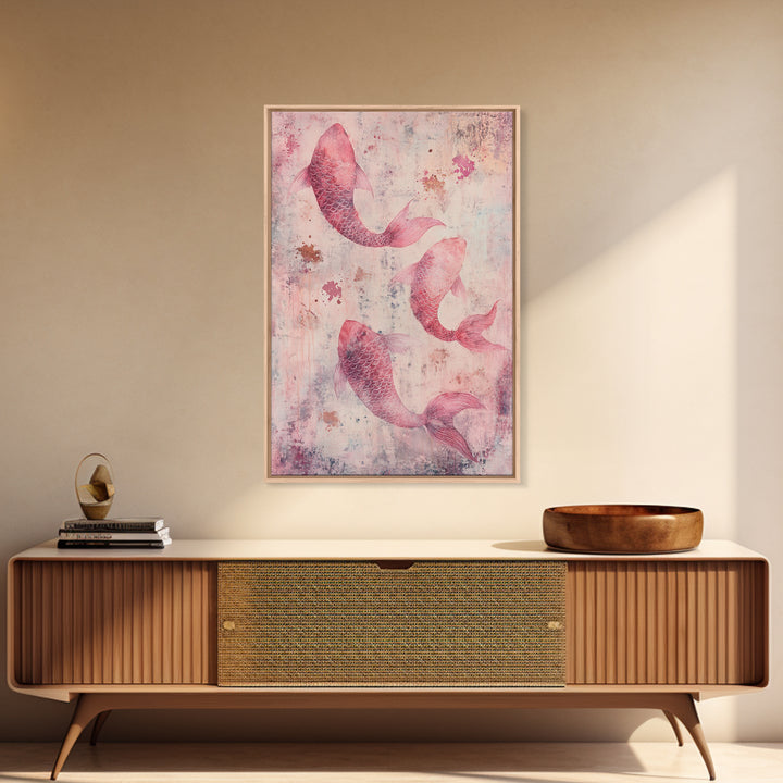 Artistic koi fish painting with framed canvas print, pink abstract art, light pink wall art, gift idea, moody art above bed decor