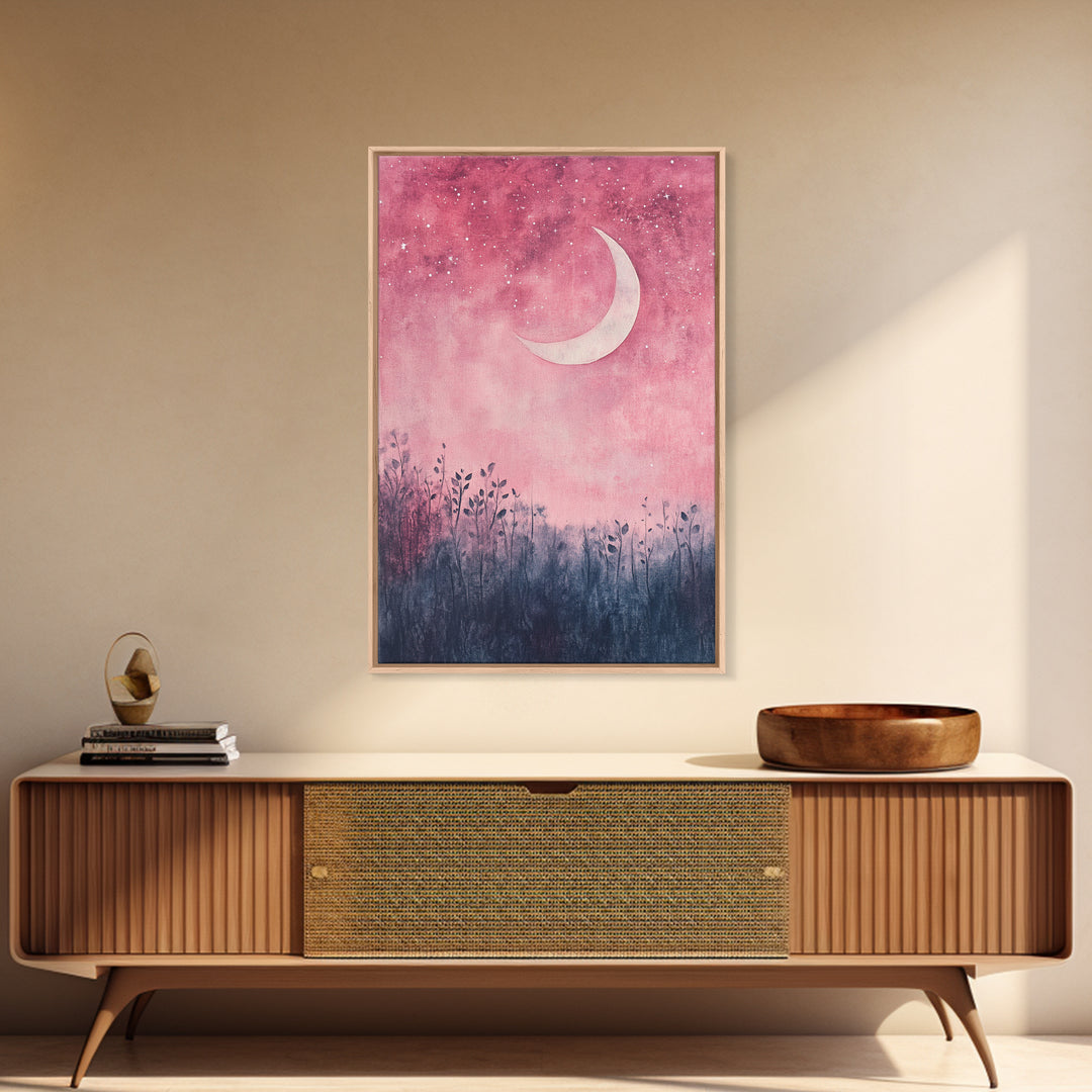 Crescent moon painting on framed canvas print, moody art, pink abstract art, cherry blossom painting, vertical wall art decor