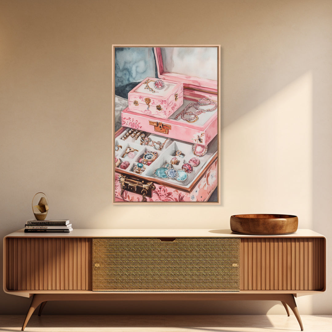 Romantic Jewelry Display Canvas Print Pink Wall Art Whimsical Decor Light Pink Dorm Art Bedroom Gift Idea Coastal Cowgirl Art