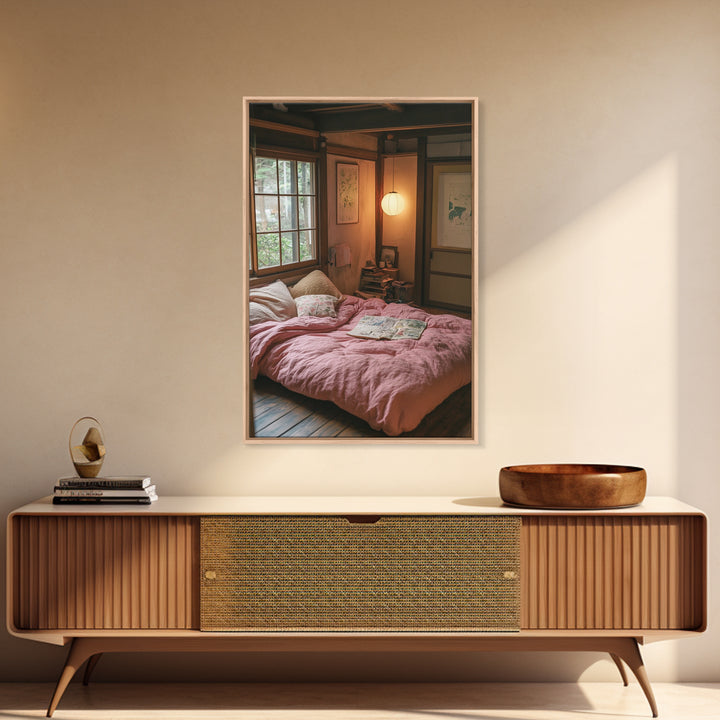 Minimalist Japanese Bedroom Art Canvas Print Wabi Sabi Home Decor Pink Cozy Wall Art Framed Living Room Art Piece Modern Gift