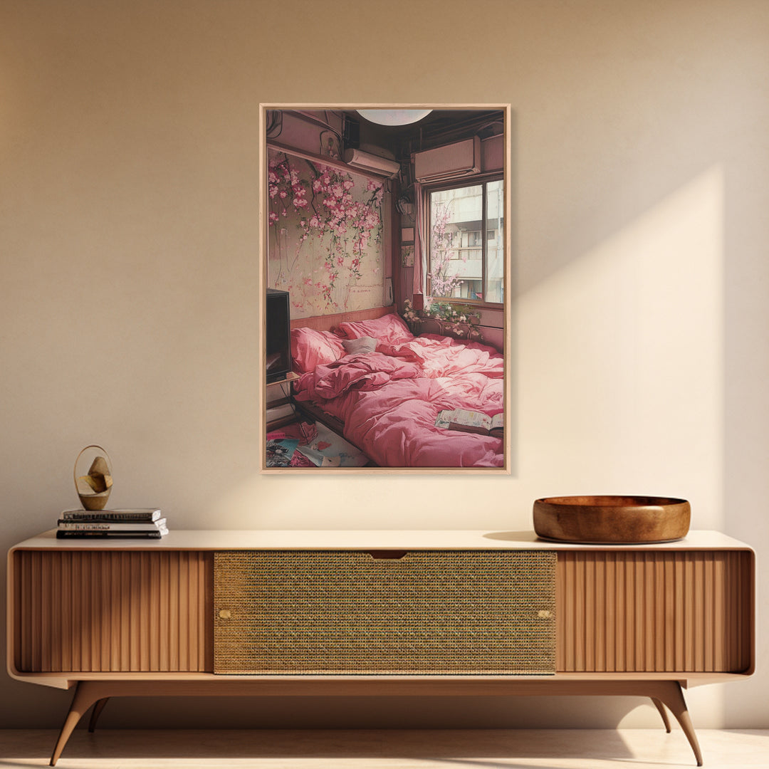 Cherry Blossom Dream Framed Canvas Print Light Pink Japanese Inspired Bedroom Art Cozy Home Floral Wall Decor Feminine Artwork Gift