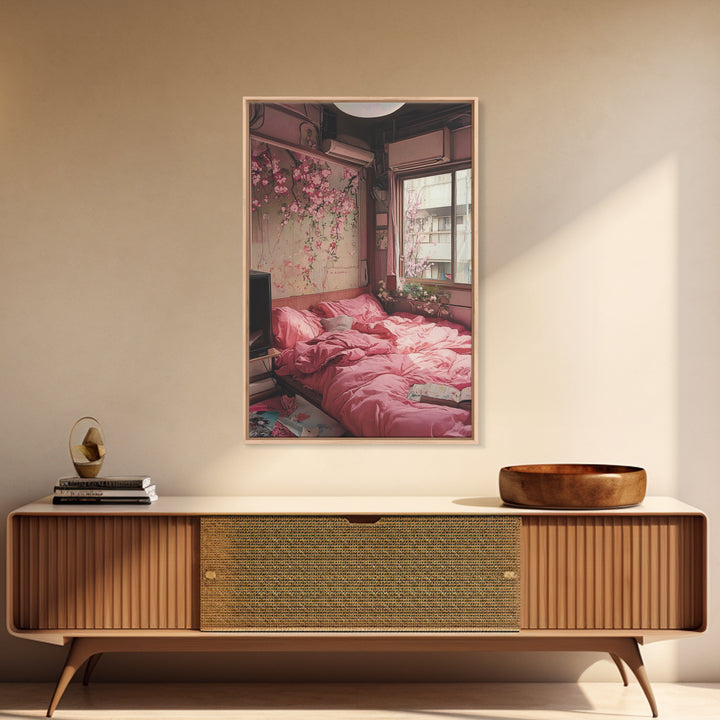 Cherry Blossom Dream Framed Canvas Print Light Pink Japanese Inspired Bedroom Art Cozy Home Floral Wall Decor Feminine Artwork Gift