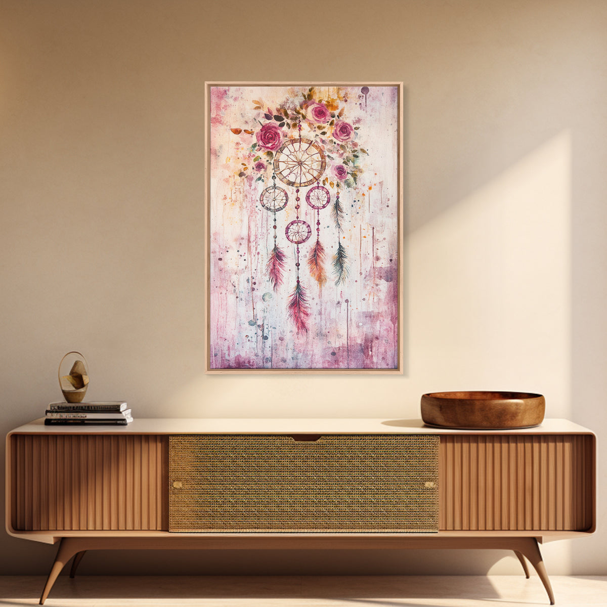 Dreamcatcher with Roses Framed Canvas Print Boho Bedroom Art Botanical Prints Pink Wall Art Light Pink Home Decor Wildflower Painting