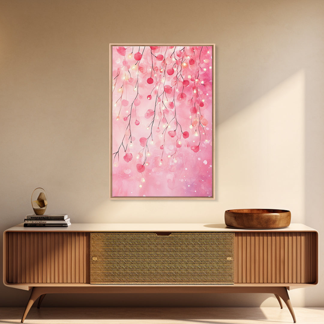 Cherry Blossom Lights Canvas Print Romantic Bedroom Art Cherry Wall Art Light Pink Wall Art Living Room Art Boho Home Decor