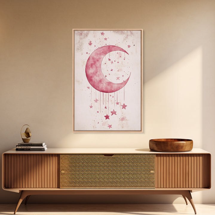 Crescent Moon and Stars Framed Canvas Print Mystical Boho Art Zen Wall Art Light Pink Wall Art Bedroom Art Dreamy Night Sky Decor