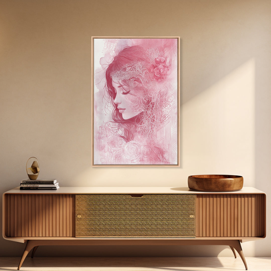 Romantic Portrait Framed Canvas Print Featuring Angels Wall Art Pink Abstract Art Elegant Bedroom Living Room Boho Aesthetic