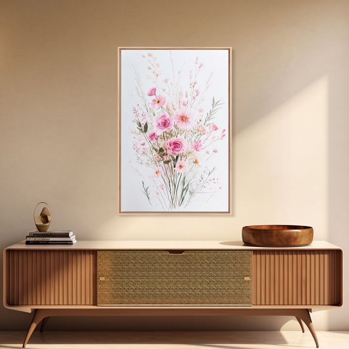 Elegant Pink Bouquet Framed Canvas Print Featuring Wildflower Painting Light Pink Wall Art Cottagecore Aesthetic Farmhouse Artwork