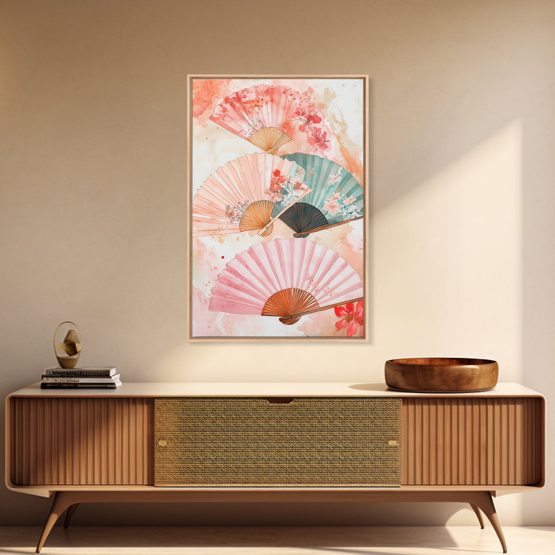 Japanese Fan Art Canvas Print Cherry Blossom Painting Chinoiserie Wall Art Boho Decor Vertical Wall Art Gift Idea Original