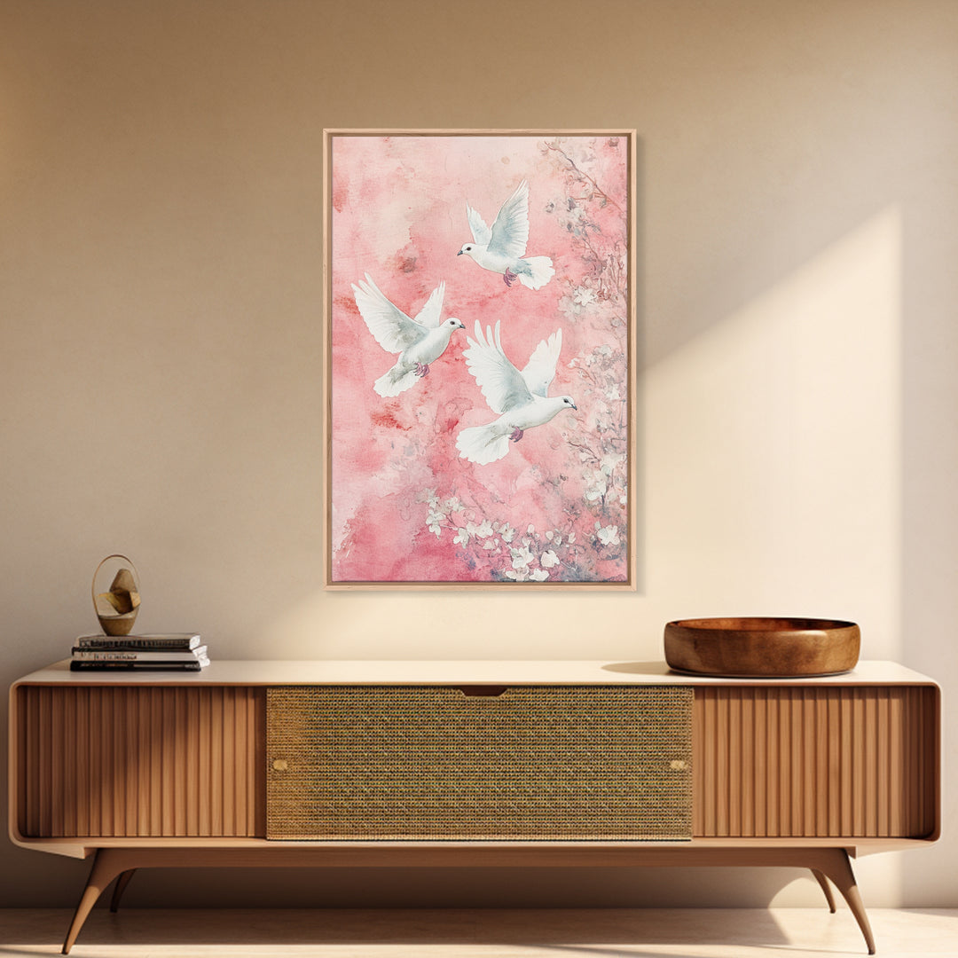 Cherry Blossom Art with Peaceful Doves Framed Canvas Print, Angelic Bird Art Pink Decor, Whimsical Bedroom or Living Room Gift