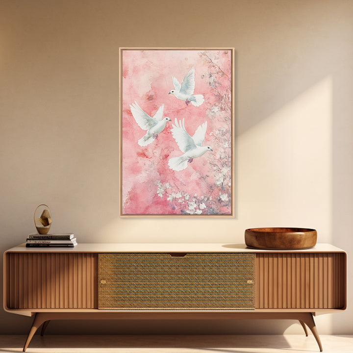 Cherry Blossom Art with Peaceful Doves Framed Canvas Print, Angelic Bird Art Pink Decor, Whimsical Bedroom or Living Room Gift