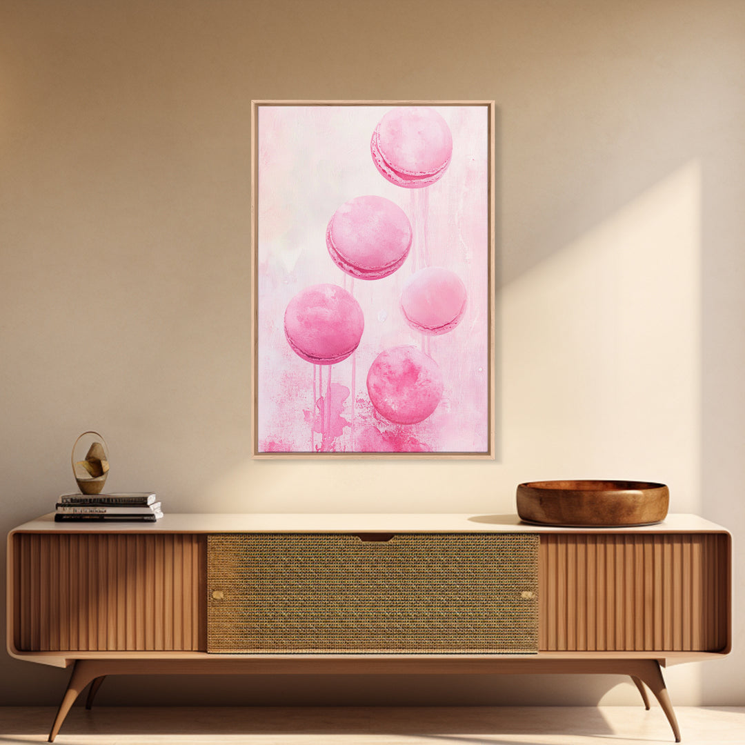 Cute pink macarons whimsical kitchen framed canvas print food review dessert art playful pastel decor cozy gift idea fun wall art