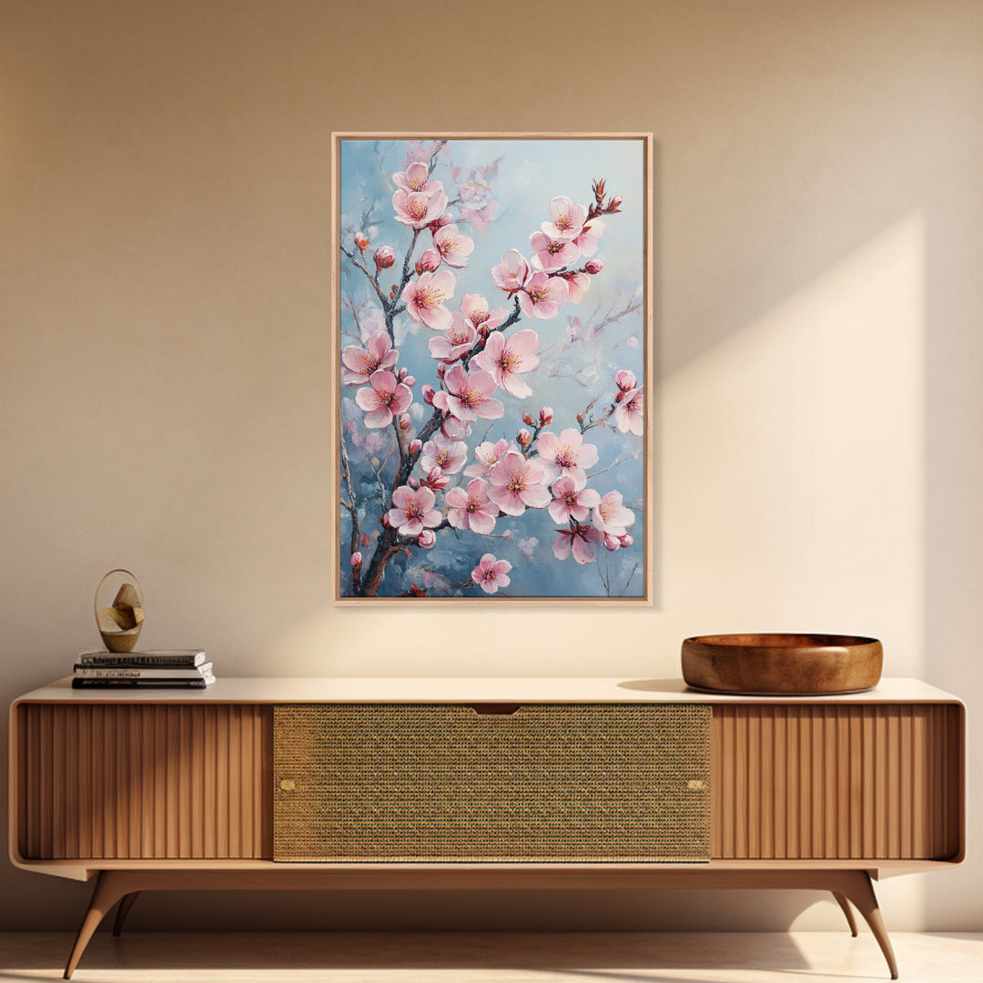 Cherry Blossom Painting Framed Canvas Print | Japanese Sakura Wall Art | Light Pink Wall Art Above Sofa Decor | Floral Nature Print